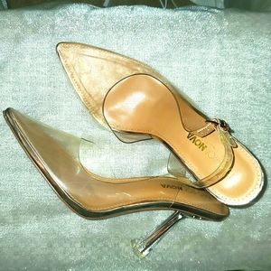 Size 7.5 Fashion Nova clear heels with rose gold hardware